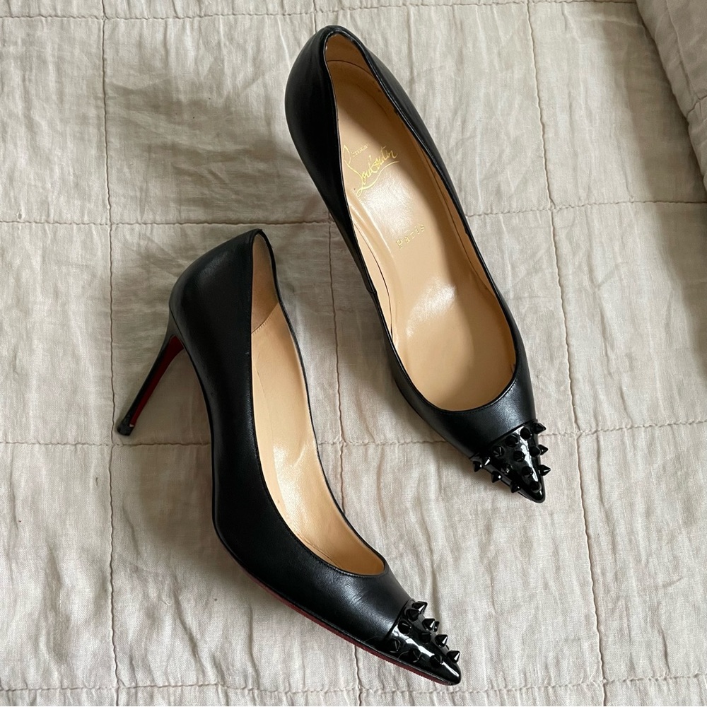 Christian Louboutin Geo Black Leather Pumps Spike Toe Cap